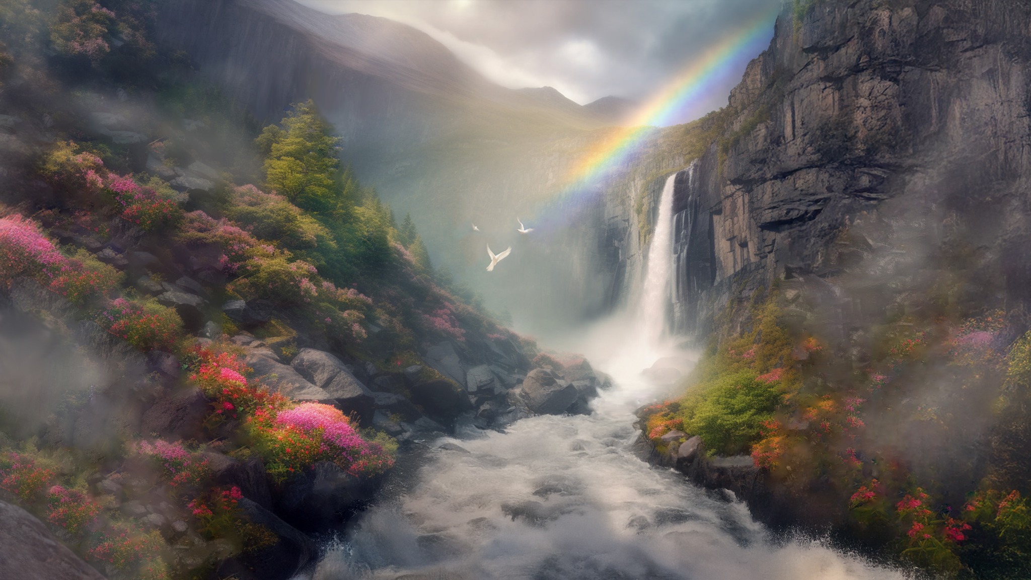 Waterfall landscape with rainbow, flowers, and white birds